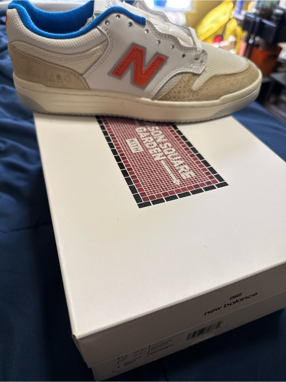 Kith x New Balance Cream Sneakers with Blue Lining and Orange